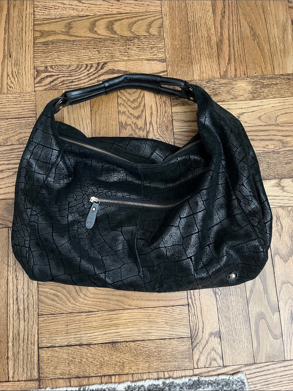 Large Black Leather Hobo Bag - soft crocodile pattern